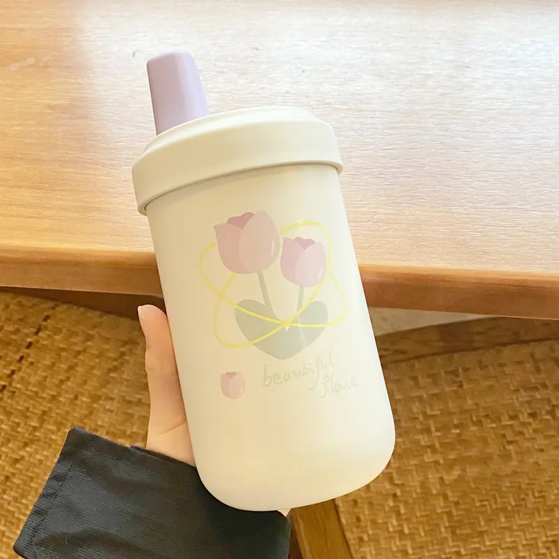 Cute Tulip Thermos Bottle Coffee Tumber Kawaii Bubble Milk Tea Water Bottle With Straw Stainless Steel Boba Vacuum Thermal Cup