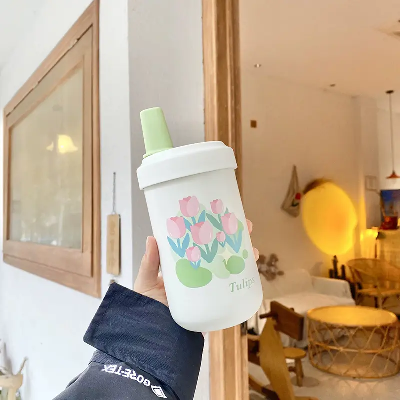 Cute Tulip Thermos Bottle Coffee Tumber Kawaii Bubble Milk Tea Water Bottle With Straw Stainless Steel Boba Vacuum Thermal Cup