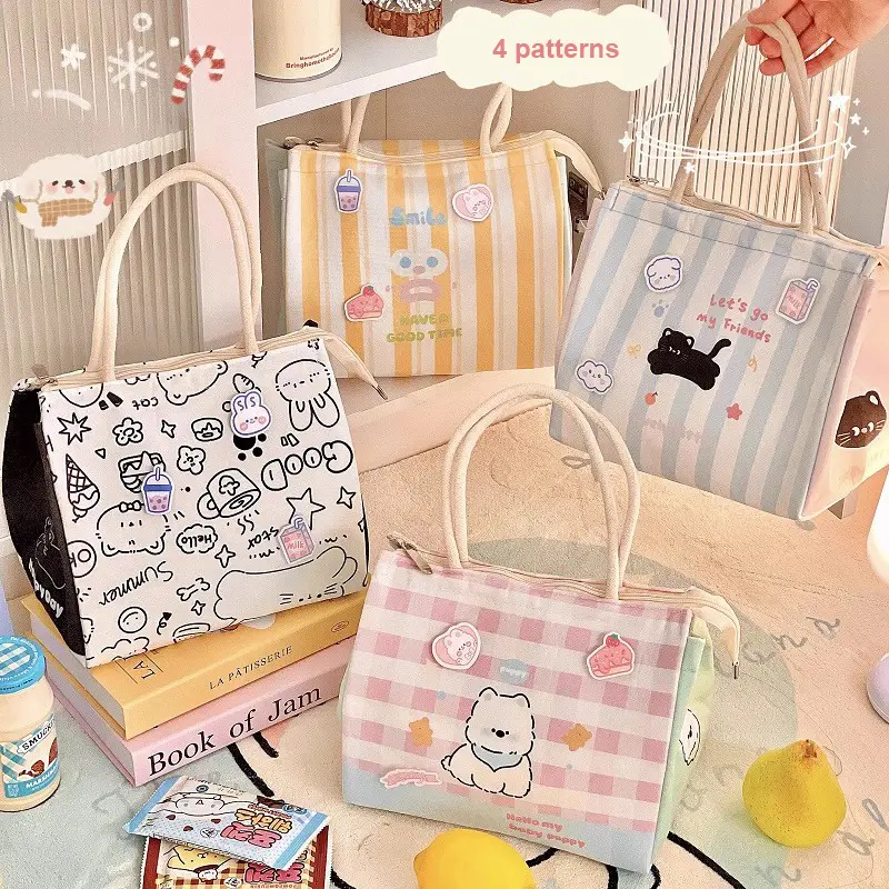 Cute Cat Thermal Lunch Bag For Women Girls Kawaii Portable Insulated Lunch Box Bag Bento Pouch Food Storage Bags For Kids Adults