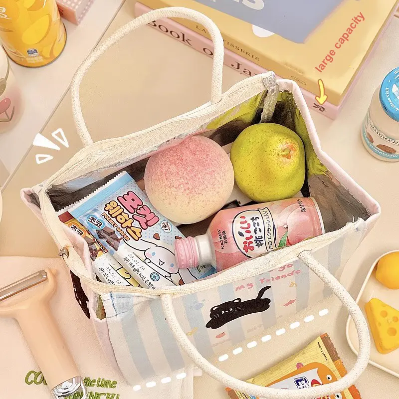 Cute Cat Thermal Lunch Bag For Women Girls Kawaii Portable Insulated Lunch Box Bag Bento Pouch Food Storage Bags For Kids Adults