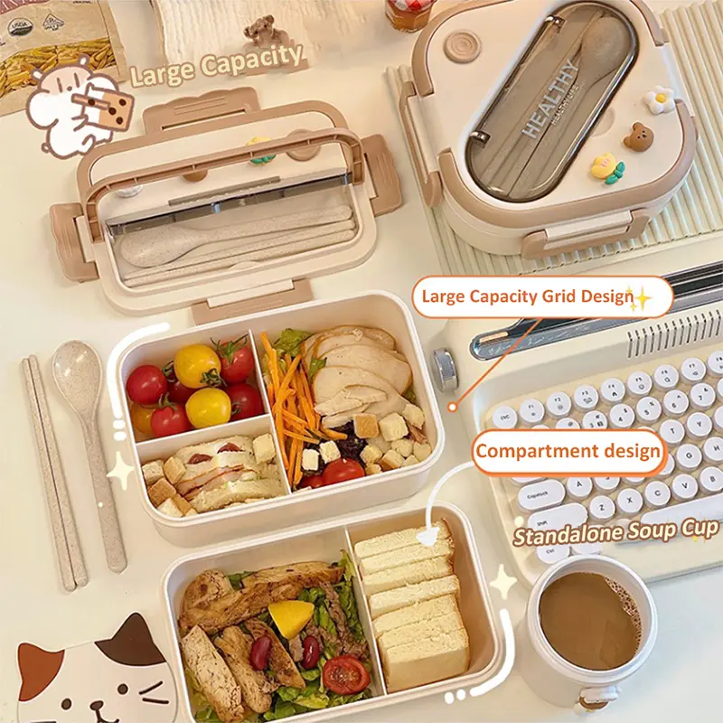 New Kawaii Lunch Box For Girls Portable School Kids Plastic Picnic Bento Box With Compartment Microwave Food Storage Containers