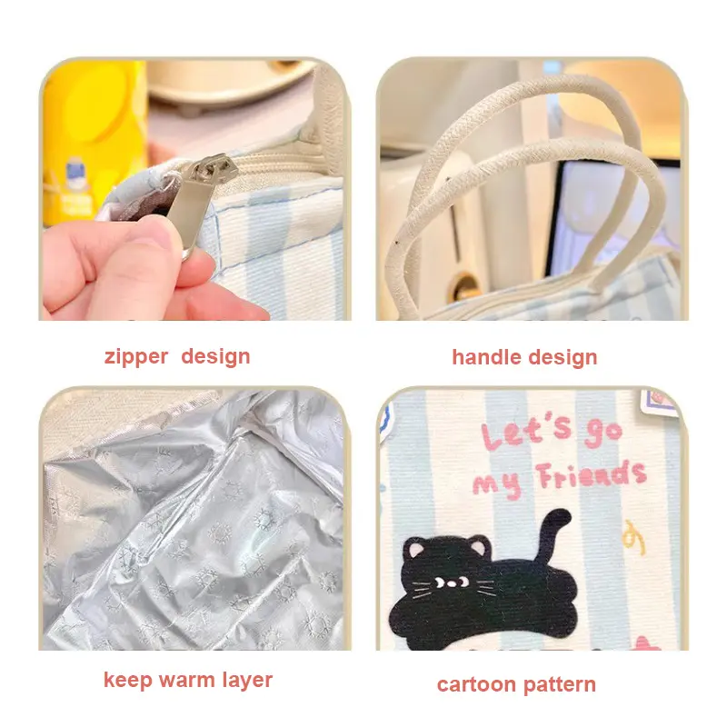 Cute Cat Thermal Lunch Bag For Women Girls Kawaii Portable Insulated Lunch Box Bag Bento Pouch Food Storage Bags For Kids Adults
