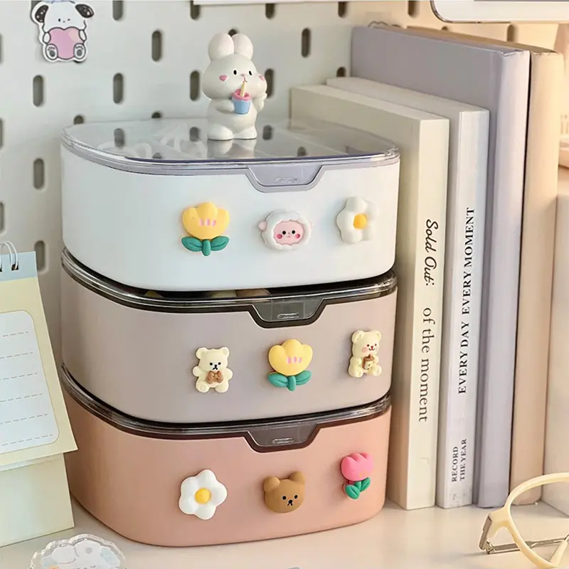 Kawaii Desk Organizers With Sticker Lid Cute PlasticJewelry Stationery Charging Cable Hair Band Portable Home Desk Storage Box