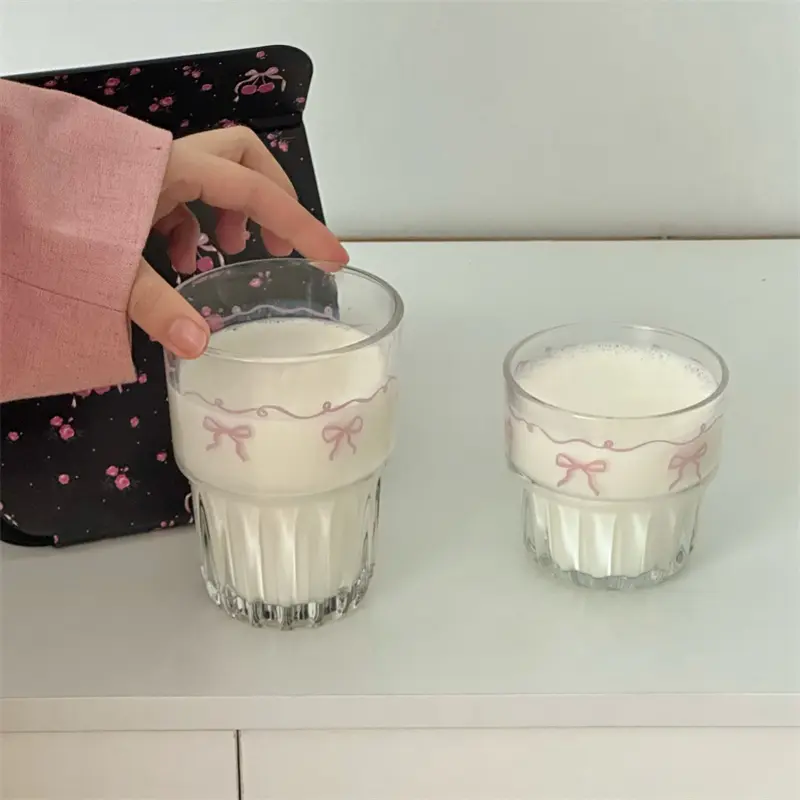 Kawaii Bowknot Glass Cup Aesthetic Cute korean Cups For Cold Hot Coffee Juice Wine Milk Drinking Glasses Ice Cream Dessert Cup