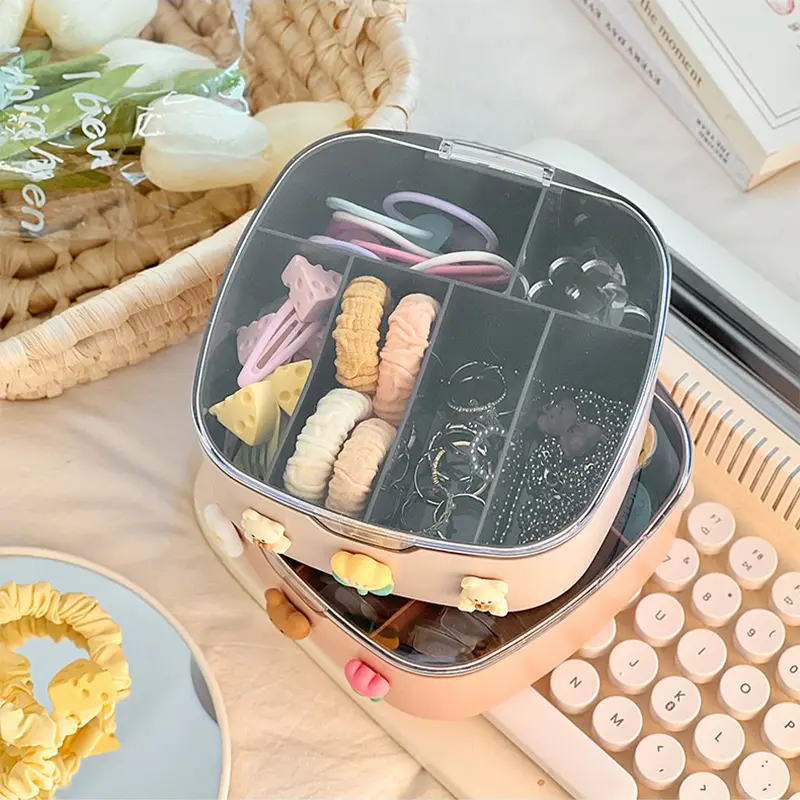 Kawaii Desk Organizers With Sticker Lid Cute PlasticJewelry Stationery Charging Cable Hair Band Portable Home Desk Storage Box