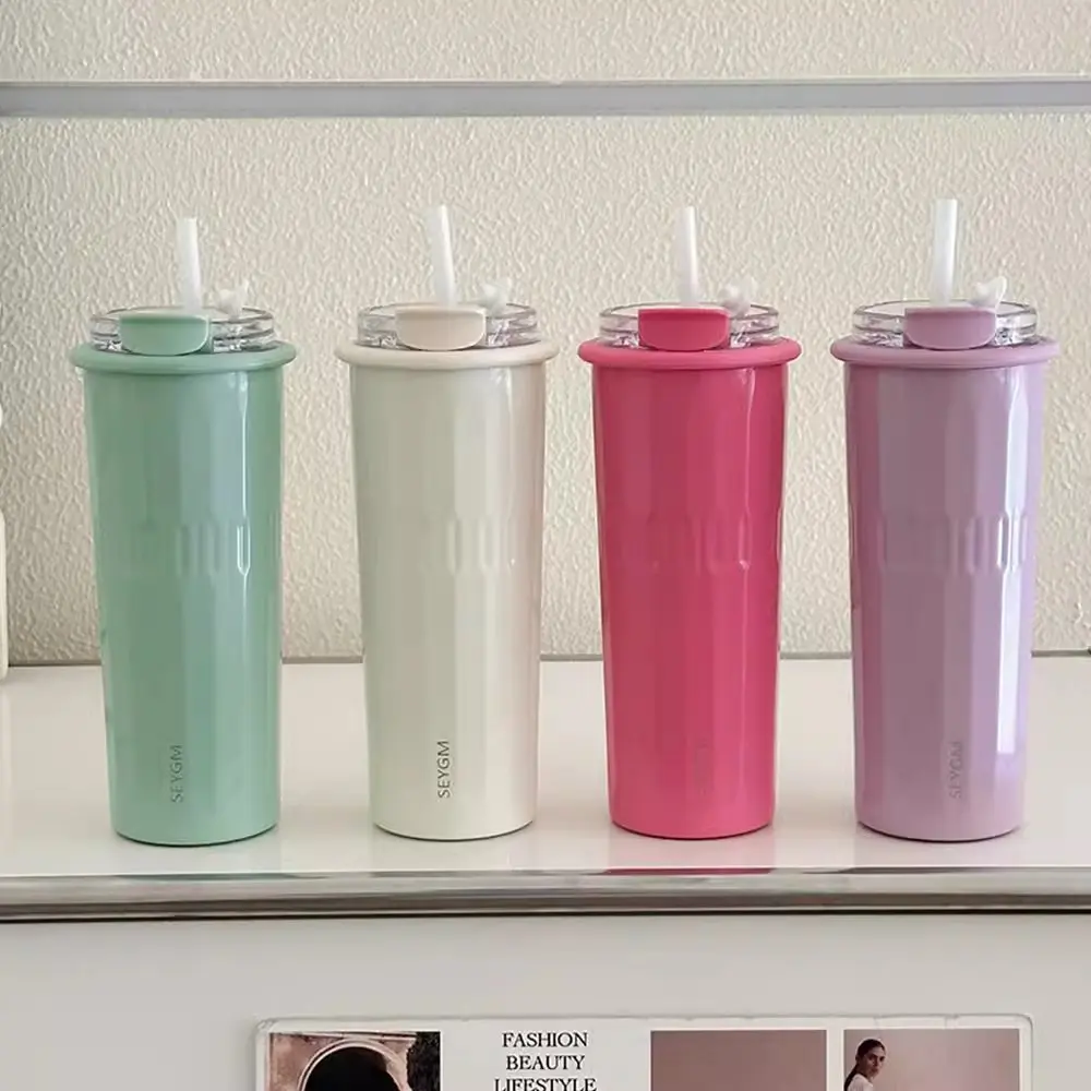 500ml Cute Tumbler Cups With Straw Stainless Steel Thermal Water Bottle Korean Thermos For Hot Ice Coffee Tea Juice Water Cup