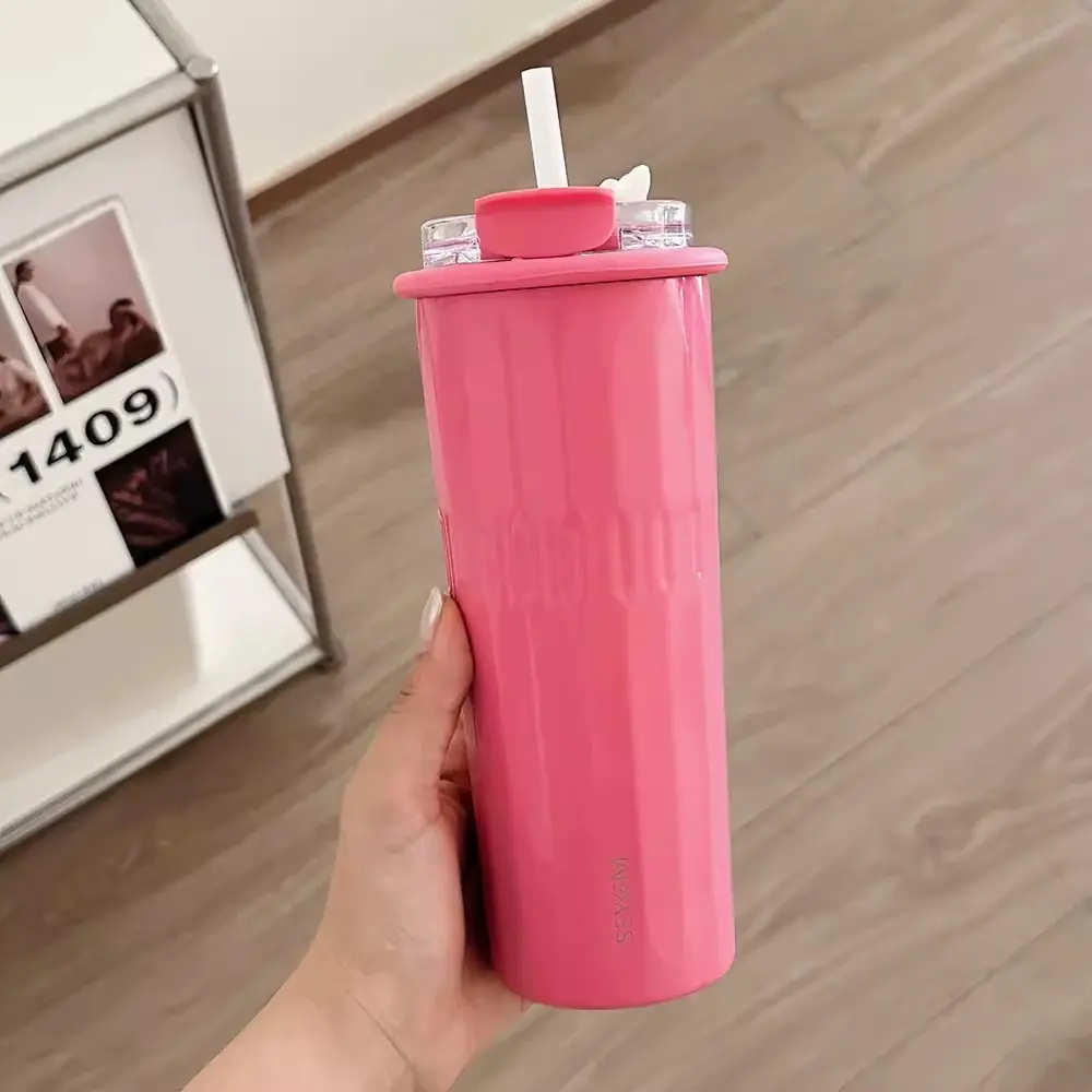 500ml Cute Tumbler Cups With Straw Stainless Steel Thermal Water Bottle Korean Thermos For Hot Ice Coffee Tea Juice Water Cup