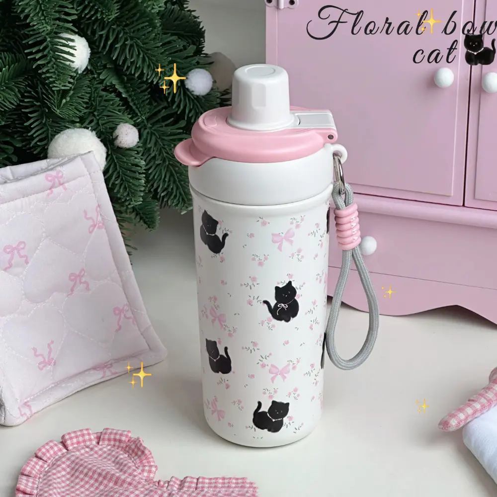 Cute Cat Bow Insulated Water Bottle With Straw Filter 500ml Stainless Steel Leak-Proof Thermos Kawaii Cat Bow Cups for Girl Kids