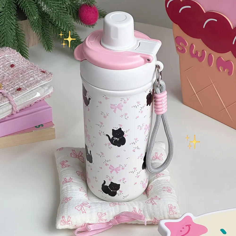 Cute Cat Bow Insulated Water Bottle With Straw Filter 500ml Stainless Steel Leak-Proof Thermos Kawaii Cat Bow Cups for Girl Kids