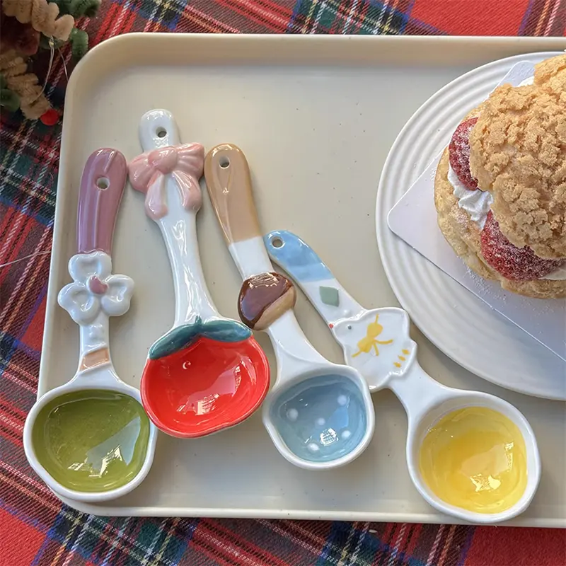 Kawaii Cherry Ceramic Soup Spoon Cute Korean Ice Cream Hand Painted Dessert Spoon With Long Handle Kitchen Tableware Accessories