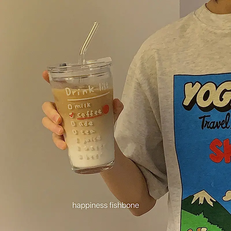 Cute Letter Korean Glass Water Bottle With Straw And Lid  480ml Simple Coffee Milk Juice Breakfast Glass Cups For Drinks Gift