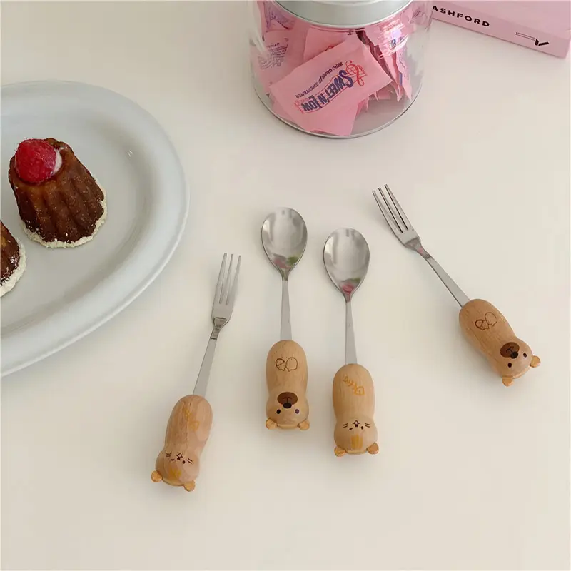 Kawaii Bear Cat Spoon Fork Cutlery Set For Kids Girl Cute Korean Stainless Steel Dessert Spoon Fruit Fork Kitchen Utensils Gift