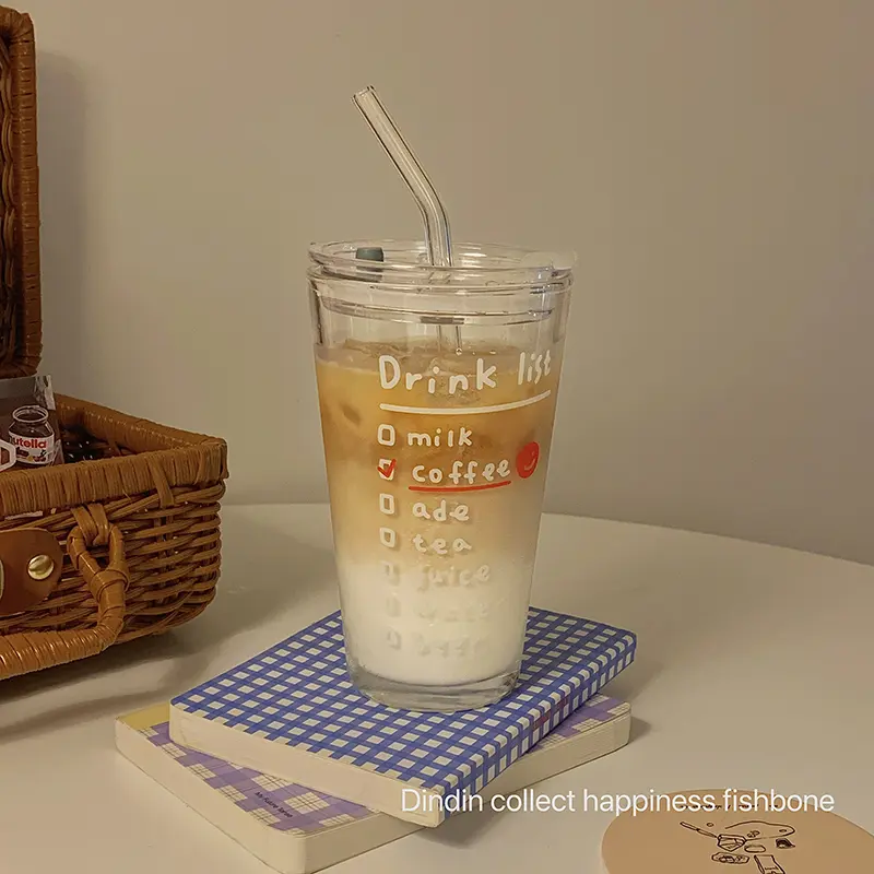Cute Letter Korean Glass Water Bottle With Straw And Lid  480ml Simple Coffee Milk Juice Breakfast Glass Cups For Drinks Gift