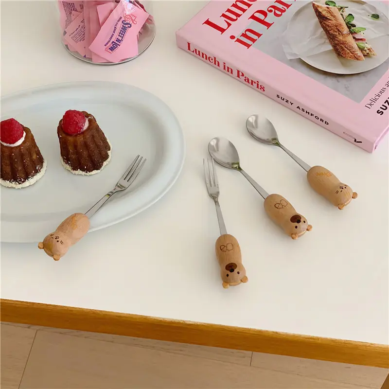 Kawaii Bear Cat Spoon Fork Cutlery Set For Kids Girl Cute Korean Stainless Steel Dessert Spoon Fruit Fork Kitchen Utensils Gift