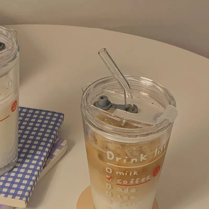 Cute Letter Korean Glass Water Bottle With Straw And Lid  480ml Simple Coffee Milk Juice Breakfast Glass Cups For Drinks Gift