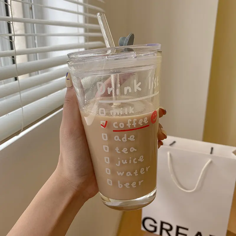 Cute Letter Korean Glass Water Bottle With Straw And Lid  480ml Simple Coffee Milk Juice Breakfast Glass Cups For Drinks Gift