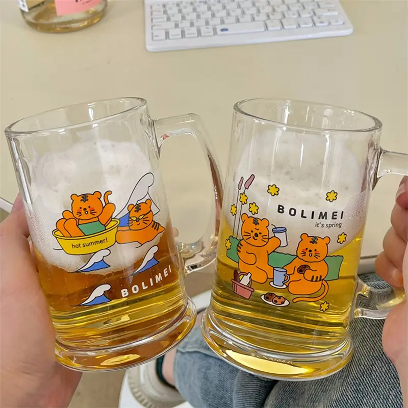 Kawaii Korea Cat Glass Cup With Handle For Beer Iced Coffee Whiskey Juice Wine Milk Boba Tea Creative Cute Mugs Birthday Gift