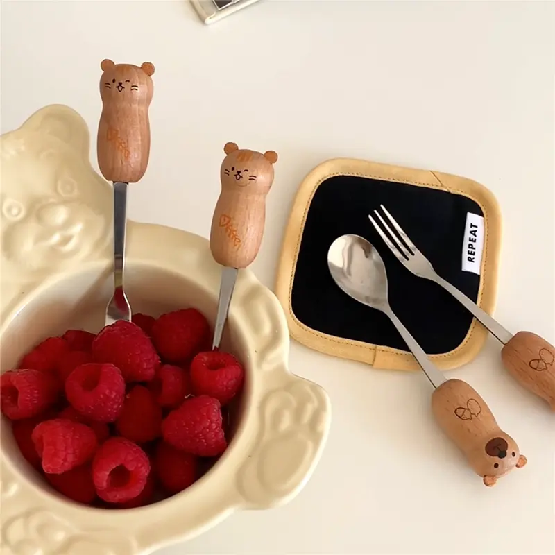 Kawaii Bear Cat Spoon Fork Cutlery Set For Kids Girl Cute Korean Stainless Steel Dessert Spoon Fruit Fork Kitchen Utensils Gift