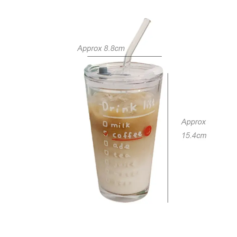 Cute Letter Korean Glass Water Bottle With Straw And Lid  480ml Simple Coffee Milk Juice Breakfast Glass Cups For Drinks Gift