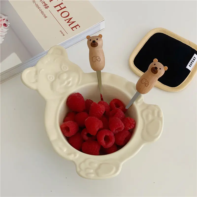 Kawaii Bear Cat Spoon Fork Cutlery Set For Kids Girl Cute Korean Stainless Steel Dessert Spoon Fruit Fork Kitchen Utensils Gift