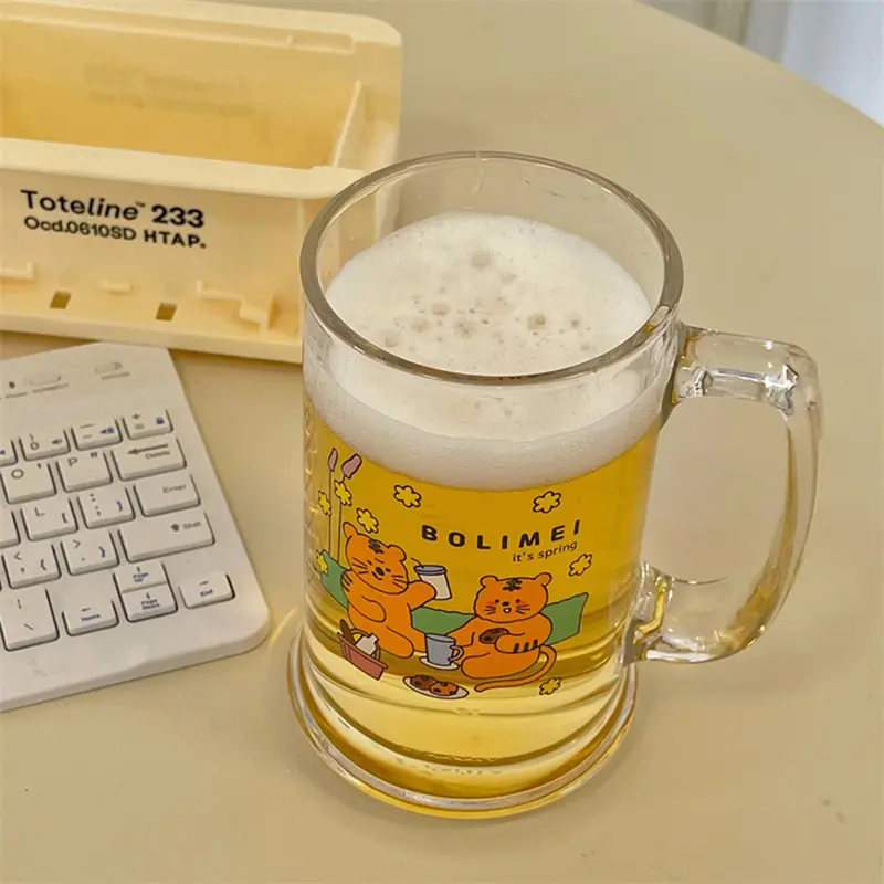 Kawaii Korea Cat Glass Cup With Handle For Beer Iced Coffee Whiskey Juice Wine Milk Boba Tea Creative Cute Mugs Birthday Gift