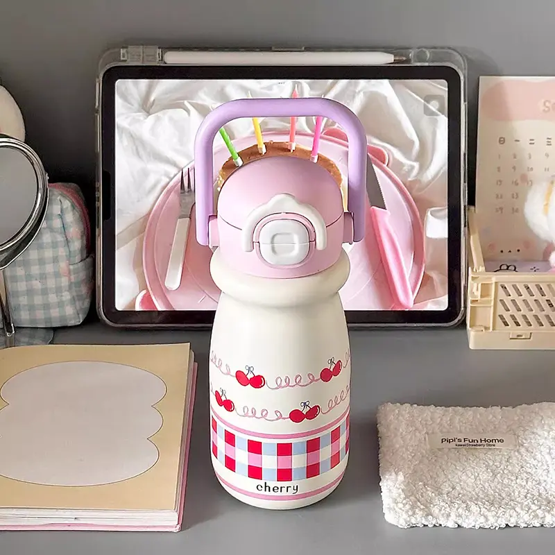 Kawaii Cherry Thermal Water Bottle For Kids 500ml Cute Coffee Tea Juice Tumbler Stainless Steel Thermos With Straw Handle Gift