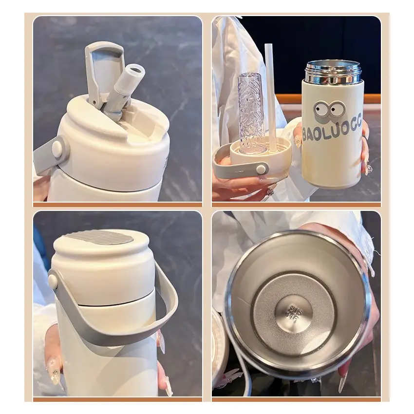 Cute Thermos Bottle With Tea Filter 3D Sticker Vacuum Flask Stainless Steel Water Coffee Milk Travel Straw Cup 550/750ml Gift
