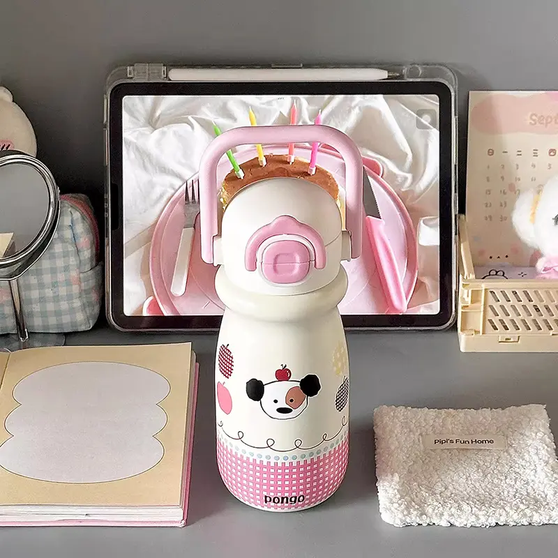 Kawaii Cherry Thermal Water Bottle For Kids 500ml Cute Coffee Tea Juice Tumbler Stainless Steel Thermos With Straw Handle Gift
