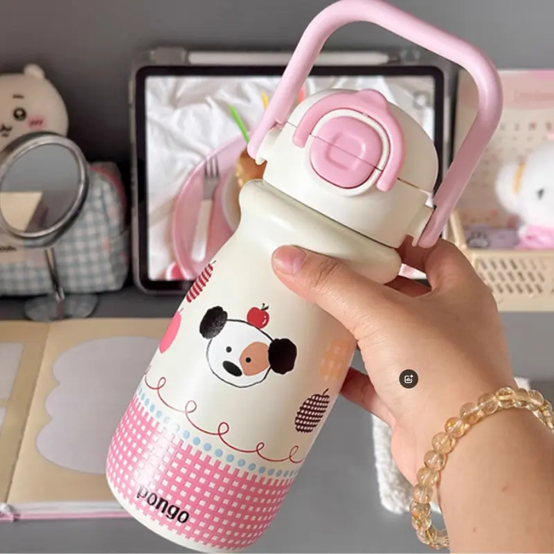 Kawaii Cherry Thermal Water Bottle For Kids 500ml Cute Coffee Tea Juice Tumbler Stainless Steel Thermos With Straw Handle Gift