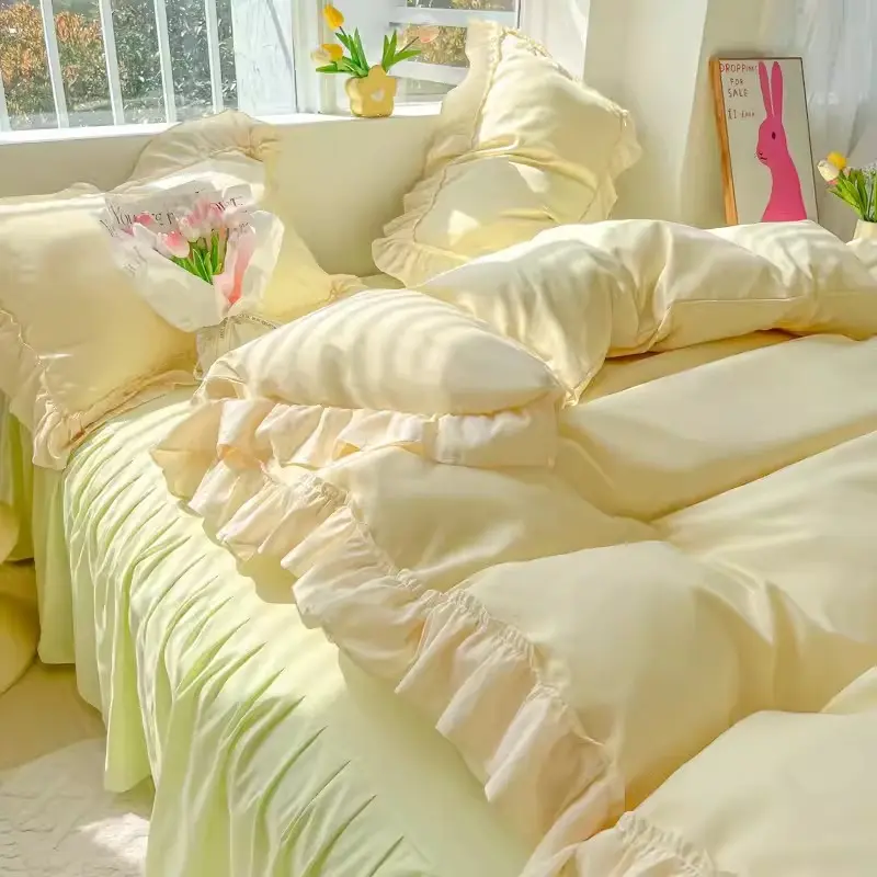 Princess Korean Style Bedding Set Aesthetic Queen Full King Size Solid Color Double Bed Bedspread Sheets Ruffled Duvet Cover Set