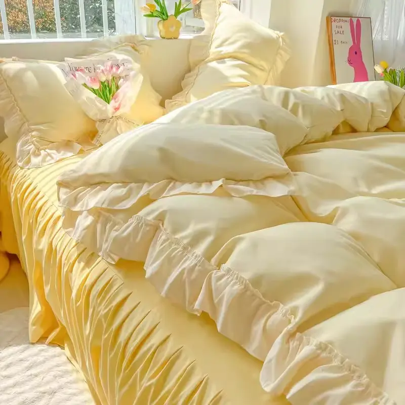Princess Korean Style Bedding Set Aesthetic Queen Full King Size Solid Color Double Bed Bedspread Sheets Ruffled Duvet Cover Set