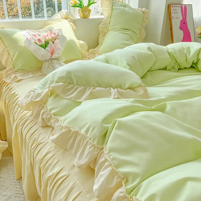 Princess Korean Style Bedding Set Aesthetic Queen Full King Size Solid Color Double Bed Bedspread Sheets Ruffled Duvet Cover Set