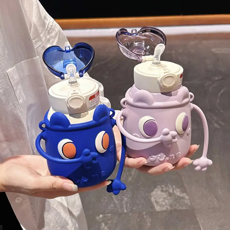 Kawaii Water Bottle For Children Stainless Steel Thermal Bottle 500ml Coffee Tea Milk Cute Kids School Thermos With Straw Strap