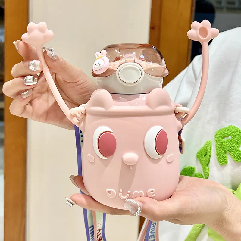Kawaii Water Bottle For Children Stainless Steel Thermal Bottle 500ml Coffee Tea Milk Cute Kids School Thermos With Straw Strap