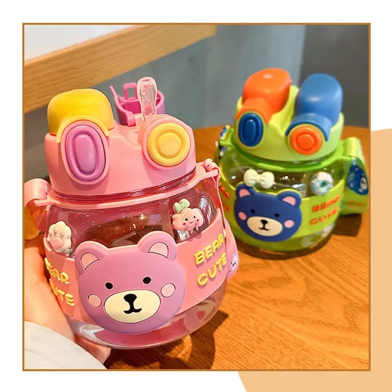 Kawaii Bear Water Bottle 1 Litre With Strap Straw For Kids Large Cute Plastic Coffee Bubble Milk Tea Juice Travel Drink Bottle