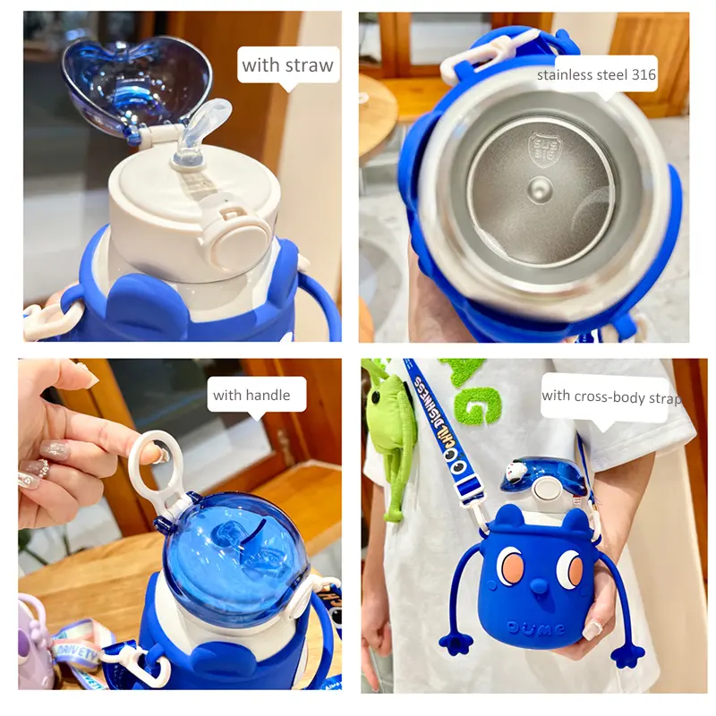 Kawaii Water Bottle For Children Stainless Steel Thermal Bottle 500ml Coffee Tea Milk Cute Kids School Thermos With Straw Strap