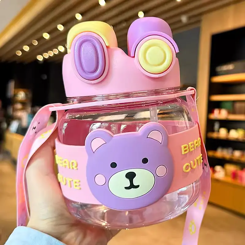 Kawaii Bear Water Bottle 1 Litre With Strap Straw For Kids Large Cute Plastic Coffee Bubble Milk Tea Juice Travel Drink Bottle