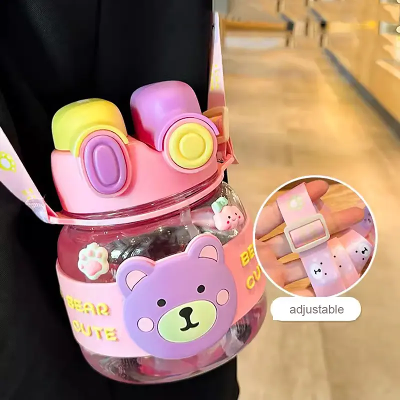Kawaii Bear Water Bottle 1 Litre With Strap Straw For Kids Large Cute Plastic Coffee Bubble Milk Tea Juice Travel Drink Bottle