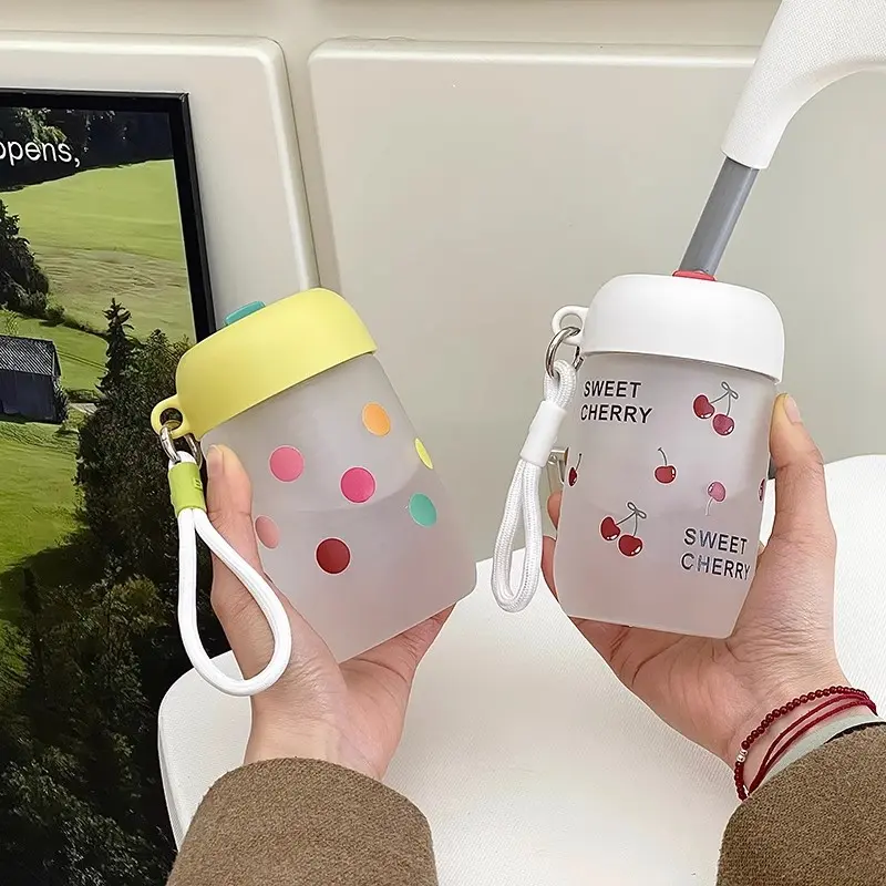Cute Cherry Glass Water Bottle 380ml Cold Coffee Juice Matcha Glass Cups Kawaii Aesthetic Glass Tumbler With Lid Straw Tea Filte