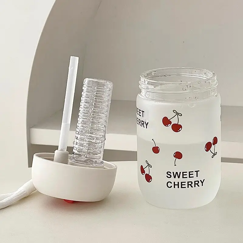 Cute Cherry Glass Water Bottle 380ml Cold Coffee Juice Matcha Glass Cups Kawaii Aesthetic Glass Tumbler With Lid Straw Tea Filte