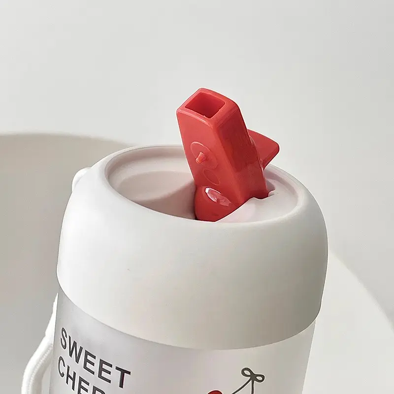 Cute Cherry Glass Water Bottle 380ml Cold Coffee Juice Matcha Glass Cups Kawaii Aesthetic Glass Tumbler With Lid Straw Tea Filte