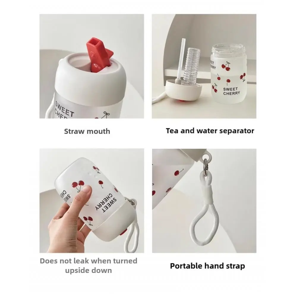 Cute Cherry Glass Water Bottle 380ml Cold Coffee Juice Matcha Glass Cups Kawaii Aesthetic Glass Tumbler With Lid Straw Tea Filte