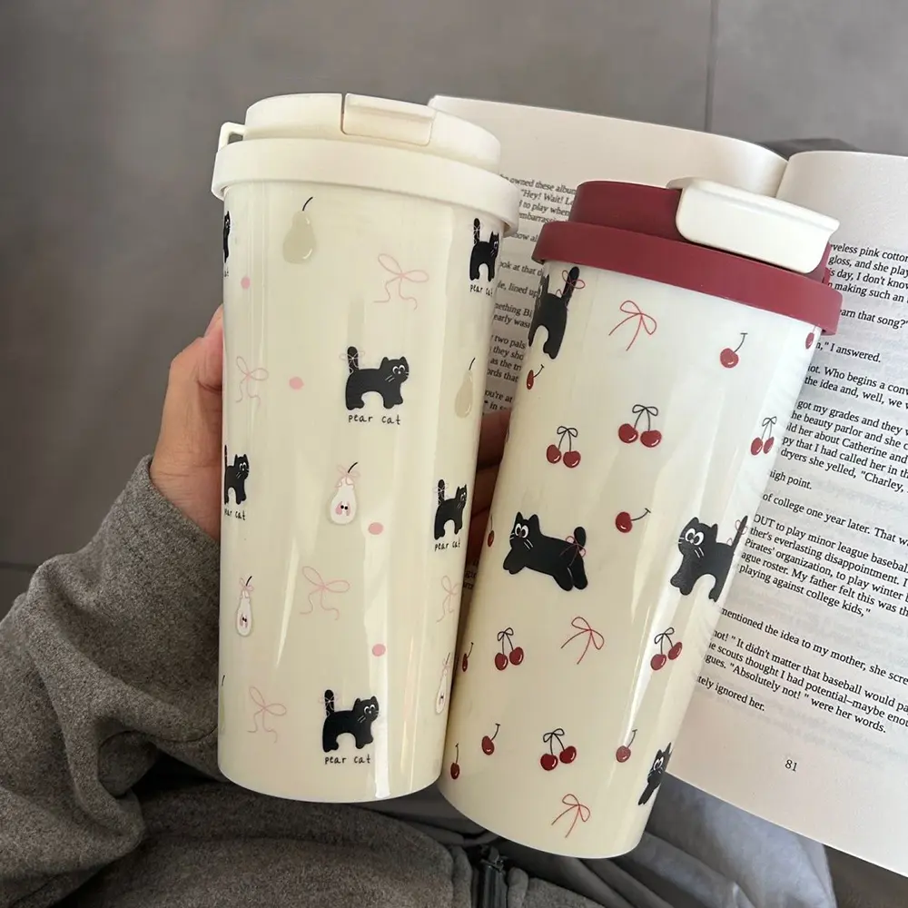 700ml Cute Cherry Cat Water Bottle Plastic Coffee Cup Tumbler Aesthetic With Straw Kawaii Coffee Tea Juice Cup Girl Women Gift