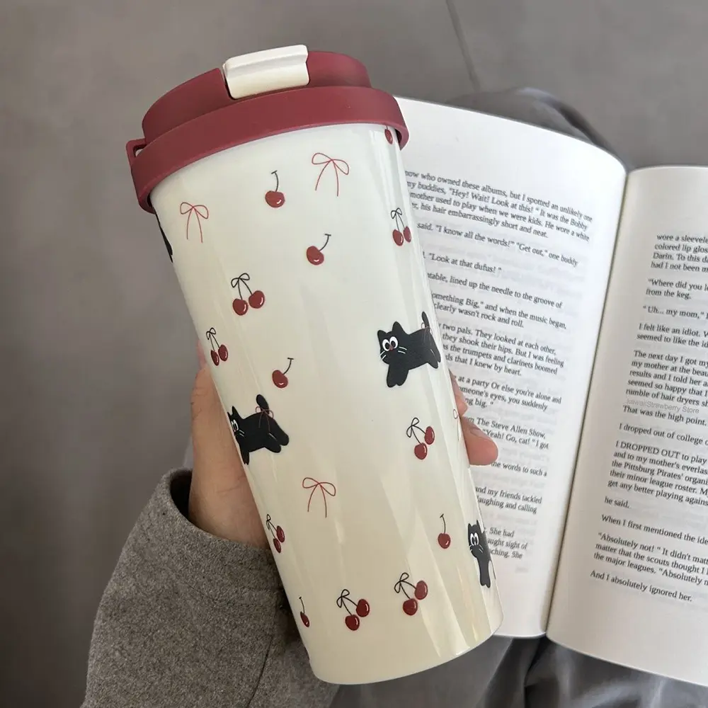 700ml Cute Cherry Cat Water Bottle Plastic Coffee Cup Tumbler Aesthetic With Straw Kawaii Coffee Tea Juice Cup Girl Women Gift