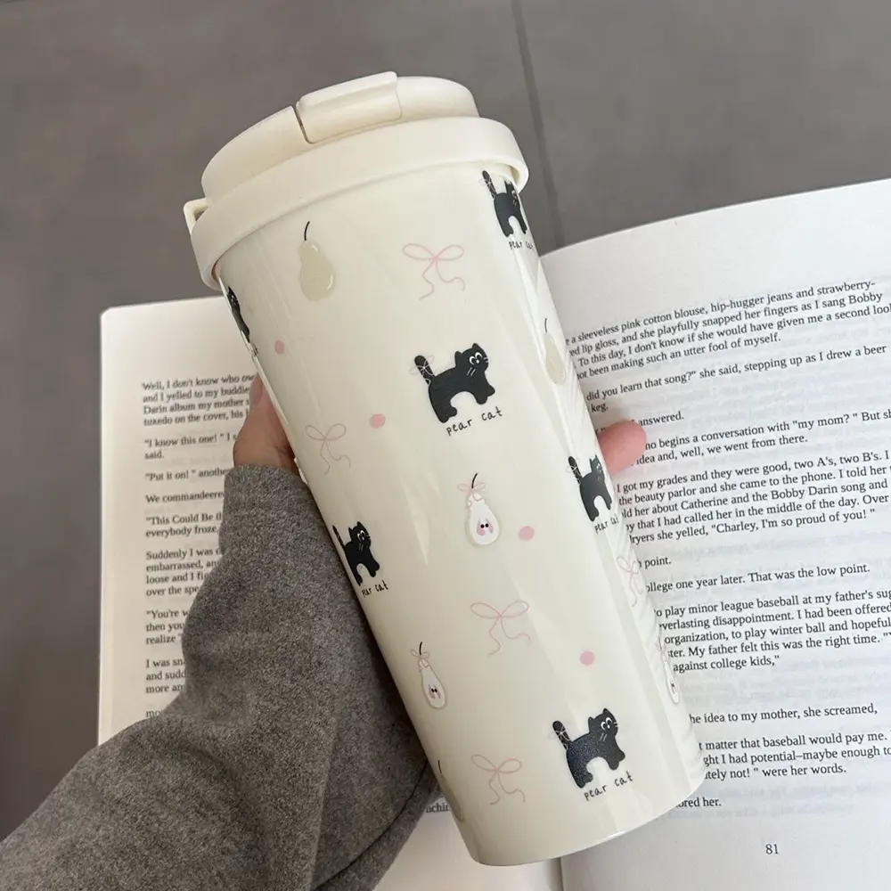 700ml Cute Cherry Cat Water Bottle Plastic Coffee Cup Tumbler Aesthetic With Straw Kawaii Coffee Tea Juice Cup Girl Women Gift