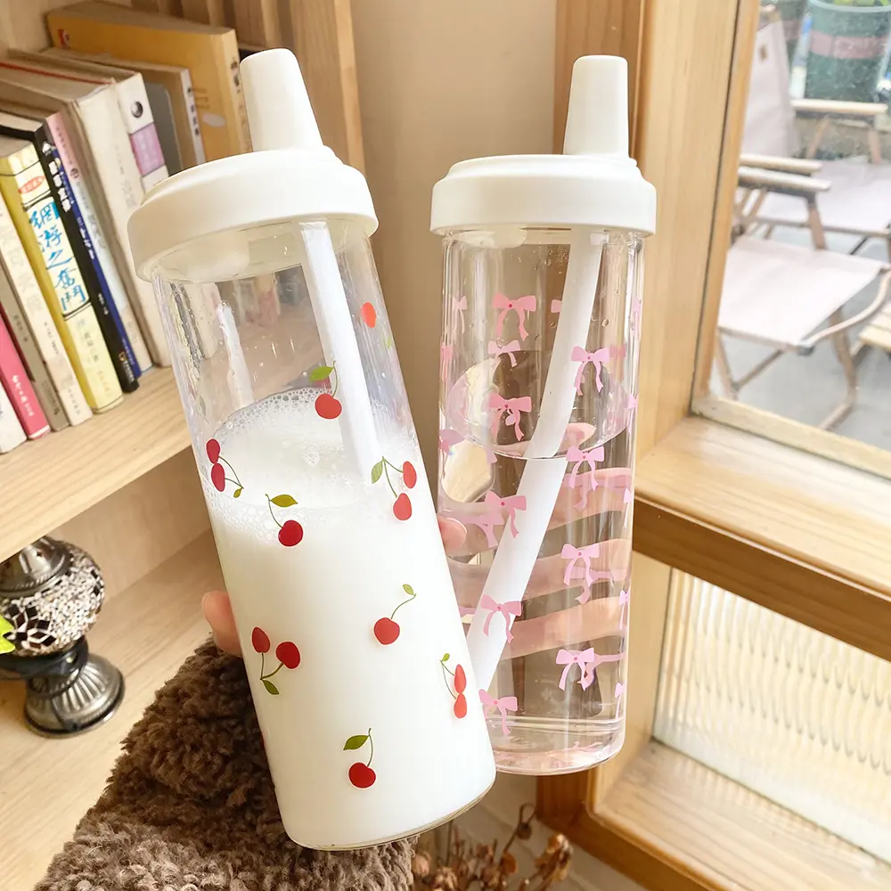 Kawaii Bow Cherry Water Bottle Cute Tumbler Plastic Matcha Coffee Large Juice Boba Tea Cold Straw Cup Gym Sport Bottle 850ml