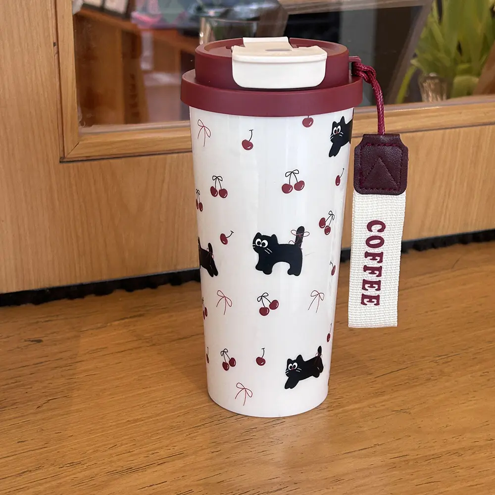 700ml Cute Cherry Cat Water Bottle Plastic Coffee Cup Tumbler Aesthetic With Straw Kawaii Coffee Tea Juice Cup Girl Women Gift