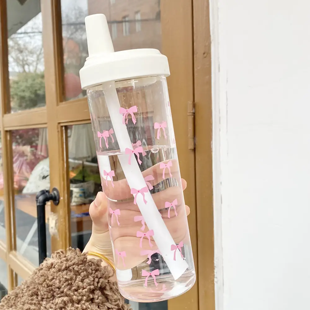 Kawaii Bow Cherry Water Bottle Cute Tumbler Plastic Matcha Coffee Large Juice Boba Tea Cold Straw Cup Gym Sport Bottle 850ml