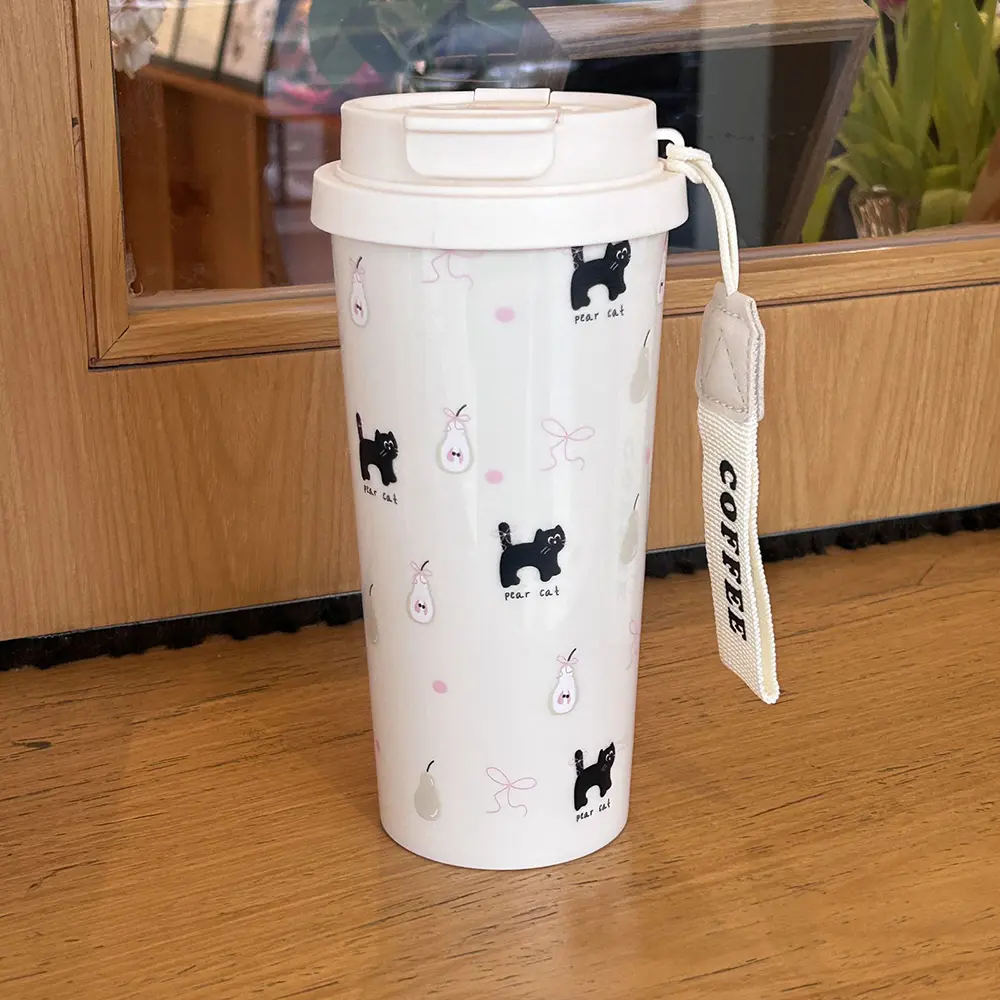 700ml Cute Cherry Cat Water Bottle Plastic Coffee Cup Tumbler Aesthetic With Straw Kawaii Coffee Tea Juice Cup Girl Women Gift