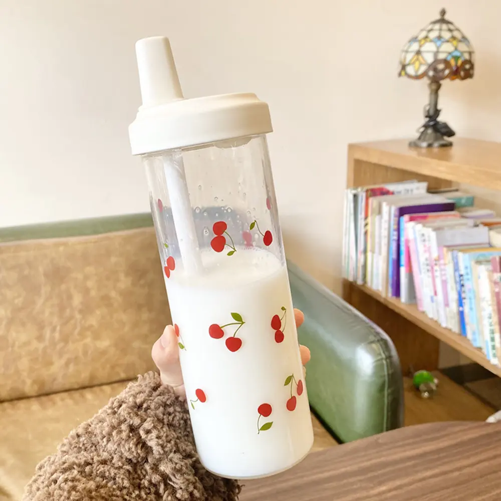 Kawaii Bow Cherry Water Bottle Cute Tumbler Plastic Matcha Coffee Large Juice Boba Tea Cold Straw Cup Gym Sport Bottle 850ml